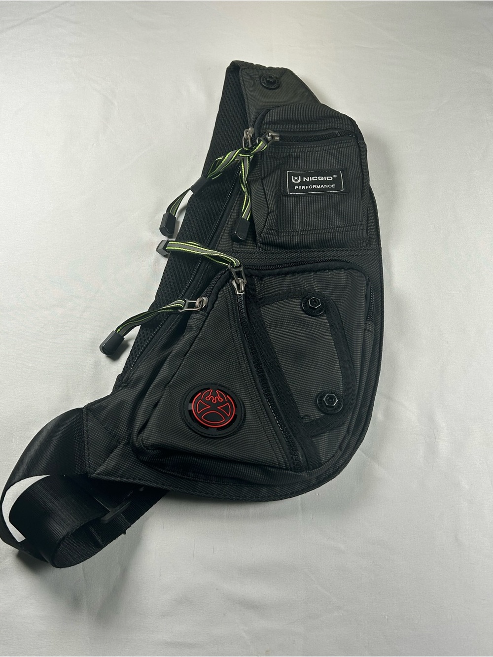 Black Sling Belt Bag with Green Accents 6 Pockets